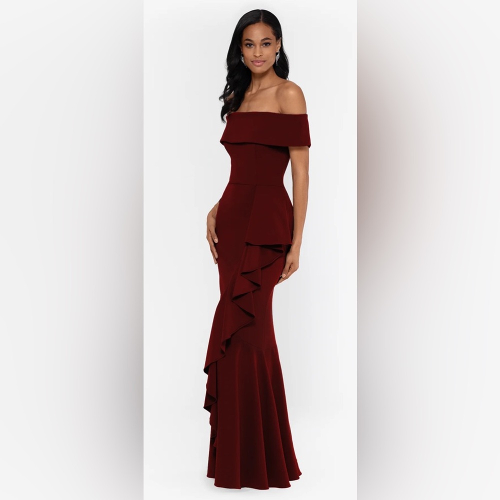 PETITE "CARINA" LONG OFF THE SHOULDER RUFFLE DRESS